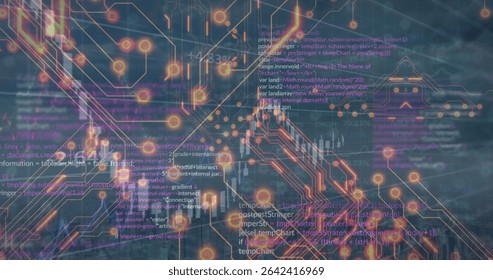 Displaying network visualization with glowing nodes and circuit lines on dark blue grid, with code. Technology, cybersecurity, data analytics, futuristic, digital art, information flow, visualization