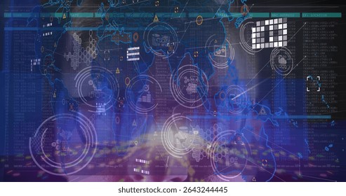 Displaying network visualization on control hub, with world map outlines and code columns. Technology, cyberspace, data, interface, digital, connectivity, innovation