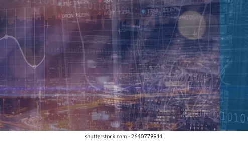 Displaying nighttime urban skyline with highway light trails, showing purple-blue data overlays. Technology, data visualization, digital infrastructure, futuristic, smart city, motion, analytics - Powered by Shutterstock - Get 15% off with code: PIKWIZARD15