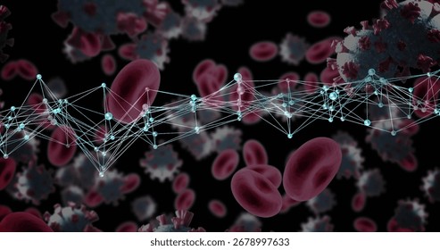 Displaying node mesh weaving through microscopic blood, with red blood cells and virus particles. Medical visualization, scientific illustration, biotechnology, disease research, cellular biology, - Powered by Shutterstock - Get 15% off with code: PIKWIZARD15