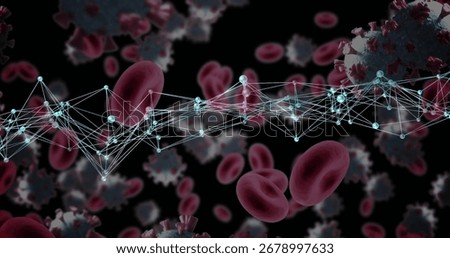 Displaying node mesh weaving through microscopic blood, with red blood cells and virus particles. Medical visualization, scientific illustration, biotechnology, disease research, cellular biology,