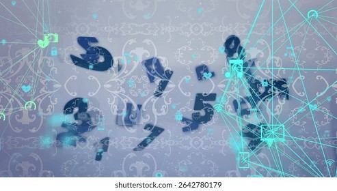 Displaying numeric array hovering across virtual space, with neon cyan nodes and icon symbols. Abstract, futuristic, digital, technology, connectivity, network, vibrant