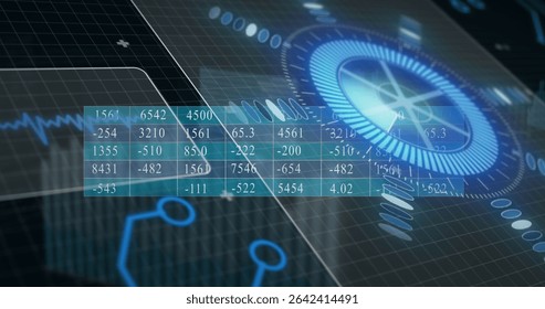 Displaying numeric data table with circular HUD gauge and waveform trace in virtual dashboard. Futuristic, technology, interface, digital, cyber, data visualization, cyberpunk