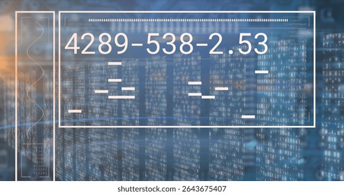 Displaying numeric panel in overlay frame at interface with binary columns, data bars, lens flare. Futuristic, digital, technology, interface, visualization, data, analytics