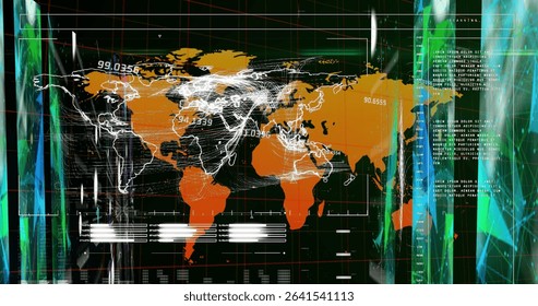 Displaying orange digital world map on red grid dashboard, showing white lines and numeric labels. Technology, data visualization, interface, network, analytics, digital environment, connectivity