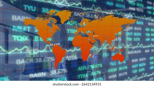 Displaying orange world map with red grid over scrolling stock tickers on trading screen. Financial technology, data visualization, global analytics, investment, market trends, digital display,