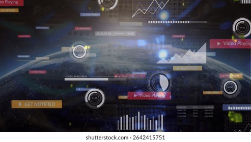 Displaying orbital space dashboard showing Earth globe with radial timers bar graphs pie chart. Futuristic, technology, visualization, interface, analytics, space, digital