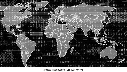 Displaying outlined world map in cyberspace, with binary streams, hexagon grid glitch lines. Digital, network, futuristic, technology, innovation, cybersecurity, abstract