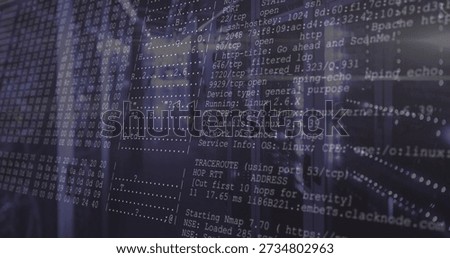 Displaying overlaid Nmap output centered in data center aisle, showing rack servers, cables, LEDs. Network, scanner, cybersecurity, terminal, console, matrix, reflections