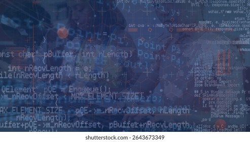Displaying overlay of code and world map links on data visualization interface, with hex grid. Technology, cybersecurity, data, digital, network, modern, innovation