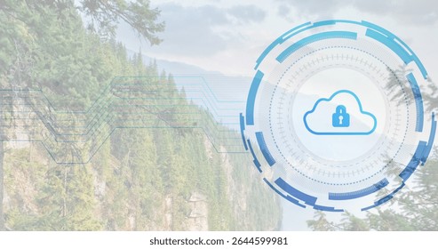 Displaying overlay featuring cloud lock icon and circuit lines over mountain forest, copy space. Technology, cybersecurity, digital, data, connectivity, innovation, nature - Powered by Shutterstock - Get 15% off with code: PIKWIZARD15