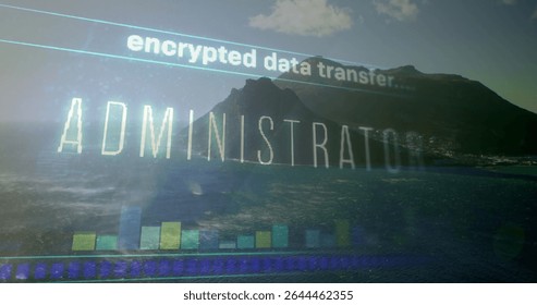 Displaying overlay showing ADMINISTRATION and bar chart over mountain, with encrypted data transfer. Technology, digital, innovation, scenic, interface, data, futuristic - Powered by Shutterstock - Get 15% off with code: PIKWIZARD15