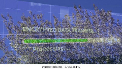 Displaying overlay showing ENCRYPTED DATA TRANSFER text and green bar over park treetops. Hud, ar, transparent, grid, panels, outdoor, nature - Powered by Shutterstock - Get 15% off with code: PIKWIZARD15