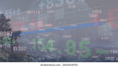 Displaying overlay showing numbers and grid, Deleting Files and processing prompts over hillside. Futuristic, augmentedreality, technology, interface, landscape, urban, progress - Powered by Shutterstock - Get 15% off with code: PIKWIZARD15
