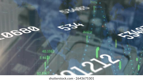 Displaying overlays at office desk, with digital numeric tickers, candlestick bars and grid overlay. Technology, finance, analytics, data visualization, investment, market analysis, business