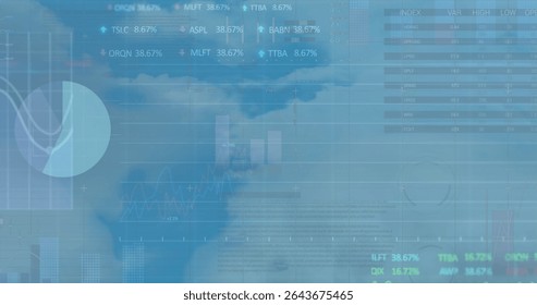 Displaying overlays on digital dashboard, pie line bar charts, index table and percentage tickers. Futuristic, technology, analytics, visualization, professional, sleek, data-driven