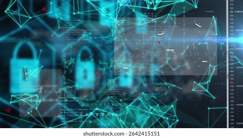 Displaying padlock entwining network nodes at cybersecurity dashboard, with floating code panels. Futuristic, cybersecurity, digital, network, protection, technology, abstract