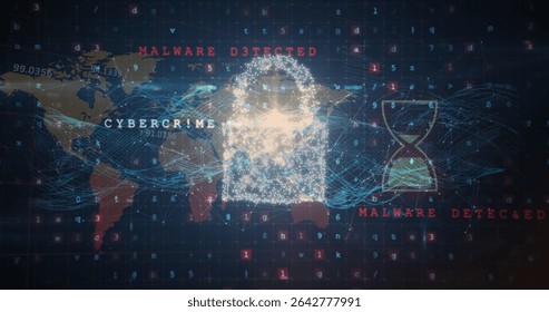 Displaying padlock icon on cyber grid, world map, waves, hourglass and CYBERCRIME or MALWARE labels. Cybersecurity, digital security, data protection, network, digital interface, cyber threat,