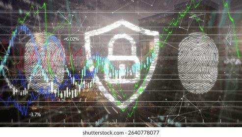 Displaying padlock shield icon securing bank data over skyline, fingerprint outlines, stock charts. Security, blockchain, cybersecurity, fintech, digital, innovation, data protection