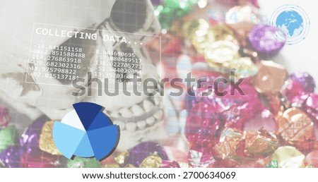 Displaying pale skull left-side in studio, showing data overlays and metallic wrappers, copy space. Cranium, anatomy, stilllife, overlay, piechart, globe, grid