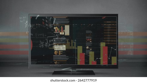 Displaying panel monitor showing bar charts, line graph and pie chart in studio, equation overlays. Technology, data analytics, interface, digital, innovation, modernist, professional - Powered by Shutterstock - Get 15% off with code: PIKWIZARD15