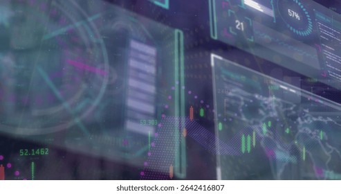 Displaying panel showing candlestick chart with overlays and progress gauge in interface. Digital, analytics, futuristic, dashboard, data, interface, visualization