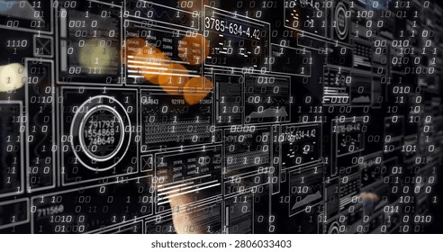 Displaying panels on wall in data hub, with binary overlay and reflected jacketed operator at keys. Dashboards, monitors, controlroom, schematic, gauge, readout, technician