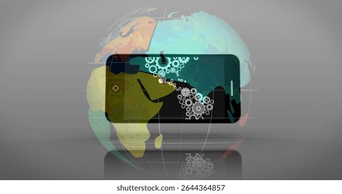Displaying phone outline with gear icons over globe on grey reflective floor with grid and glitches. Technology, innovation, futuristic, digital, abstract, connectivity, engineering