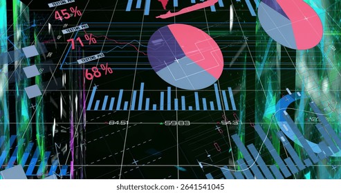 Displaying pie chart splitting magenta segments on dark grid, with neon pillars and percent labels. Futuristic, data, visualization, holographic, analytics, technology, interface - Powered by Shutterstock - Get 15% off with code: PIKWIZARD15