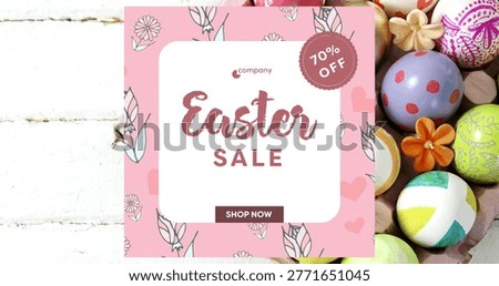 Displaying pink Easter-sale card on whitewashed planks with white panel, 70% OFF badge and eggs. Pastel, rustic, flatlay, stilllife, floral, border, logo