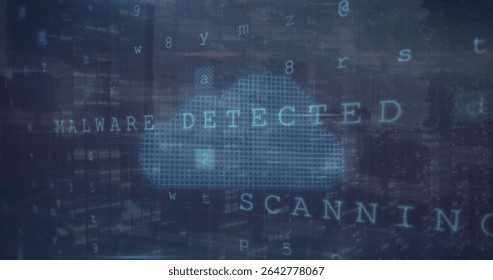 Displaying pixelated cloud icon flashing malware detected over scanning code grid on dashboard. Cybersecurity, digital, technology, security, data, network, interface