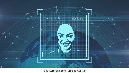 Displaying pixelated female face smiling in UI, user profile 00043.82 with network grid and globe. Technology, digital, futuristic, analytics, data, innovation, connectivity - Powered by Shutterstock - Get 15% off with code: PIKWIZARD15