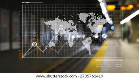 Displaying pixelated map HUD over blurred subway platform, showing line graphs and yellow strip. Futuristic, digital, overlay, grid, translucent, station, rails