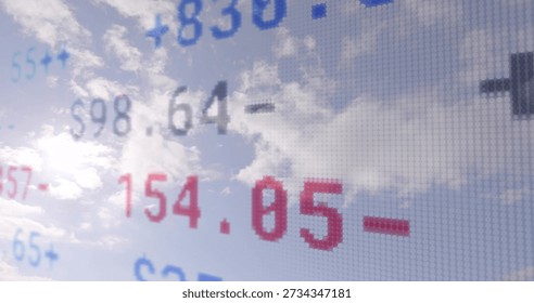 Displaying pixelated numeric ticker overlaying blue sky with sun glare, showing red 154.85- value. Finance, market, data, digits, currency, neon, grid