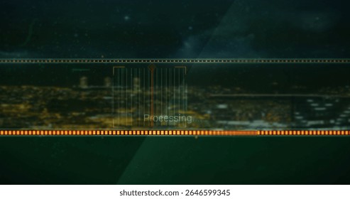 Displaying processing indicator cluster overlaying night skyline, with orange ticker bars. Futuristic, technology, data, visualization, urban, cyber, interface