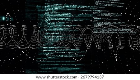 Displaying programming code text and dotted waveform in cyberspace, with floating white particles. Futuristic, technological, digitalart, infographics, data visualization, vibrant, motion graphics