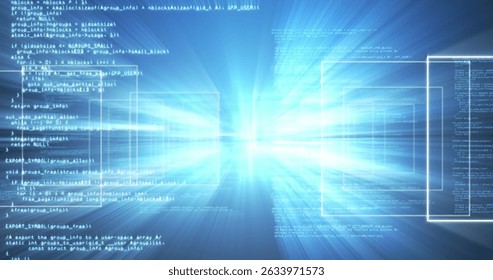 Displaying programming code text streaming through virtual tunnel, with central beam and UI panels. Futuristic, technology, digital, data, abstract, cyberspace, innovation