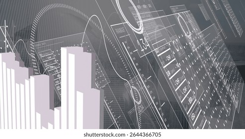 Displaying purple 3D bar chart cluster on left of dashboard, with floating line charts, copy space. Futuristic, data, visualization, interface, digital, analytics, technology