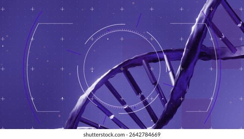 Displaying purple DNA double helix twisting in digital interface, with HUD and glowing particles. Science, biotechnology, innovation, futurism, technology, abstract, digital - Powered by Shutterstock - Get 15% off with code: PIKWIZARD15