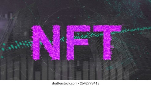 Displaying purple NFT letters intersecting teal data stream in virtual dashboard, grid motif. Futuristic, technology, blockchain, digital interface, abstract, data visualization, cyber