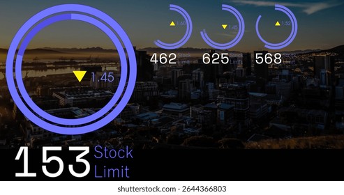 Displaying purple ring chart with 1.45 at coastal harbor dusk, with stock limit, copy space. Digital, analytics, visualization, urban, financial, data, technology