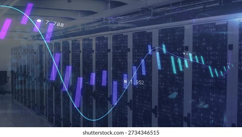 Displaying rack-mounted server cabinets with panel LEDs and holographic graph in data center aisle. Visualization, neon, cyber, futuristic, cyan, purple, teal