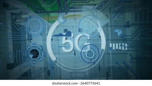 Displaying rack-mounted servers with glowing 5G holographic gauges in data center, circuit overlay. High-tech, connectivity, digital, networking, cyber, futuristic, server