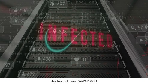 Displaying rack-mounted servers glowing with infected neon sign and overlay icons in data center. Cybersecurity, data, infrastructure, digital, network, protection, technology