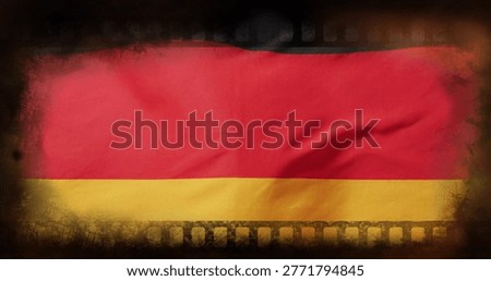 Displaying rectangular red over yellow flag in studio, with creases vignette and filmstrip border. Twotone, banner, vintage, grunge, texture, fabric, wrinkled