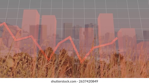 Displaying red bar chart and jagged line graph over dry grass and city skyline, data visualization. Abstract, data, analytics, urban, landscape, technology, growth