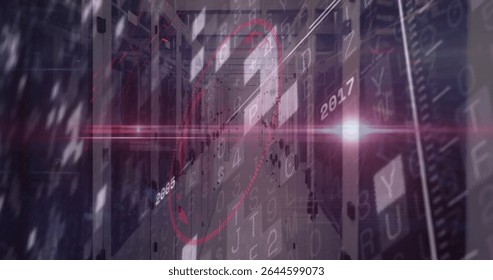 Displaying red circular hologram hovering over server rack aisle in data center, with floating data. Futuristic, technology, digital, cybersecurity, infrastructure, abstract, innovation