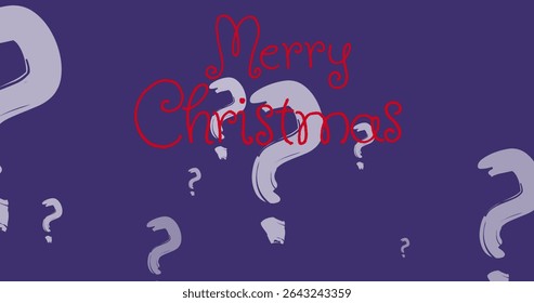 Displaying red cursive Merry Christmas text on purple background, with pale grey question marks. Festive, celebration, holiday, modern, abstract, typography, graphic design