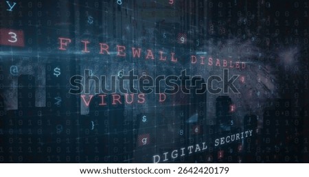 Displaying red 'FIREWALL DISABLED' warning in network grid, with floating code behind city skyline. Cybersecurity, digital, technology, network, coding, threat, intrusion