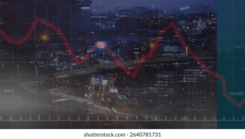 Displaying red line graph rising and falling across night skyline with lit towers and light trails. Urban, skyline, data, visualization, technology, nightscape, transportation - Powered by Shutterstock - Get 15% off with code: PIKWIZARD15